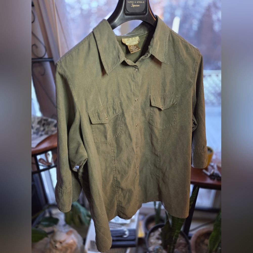 Cotton Ginny Micro Fiber Olive Green Snap Button Down